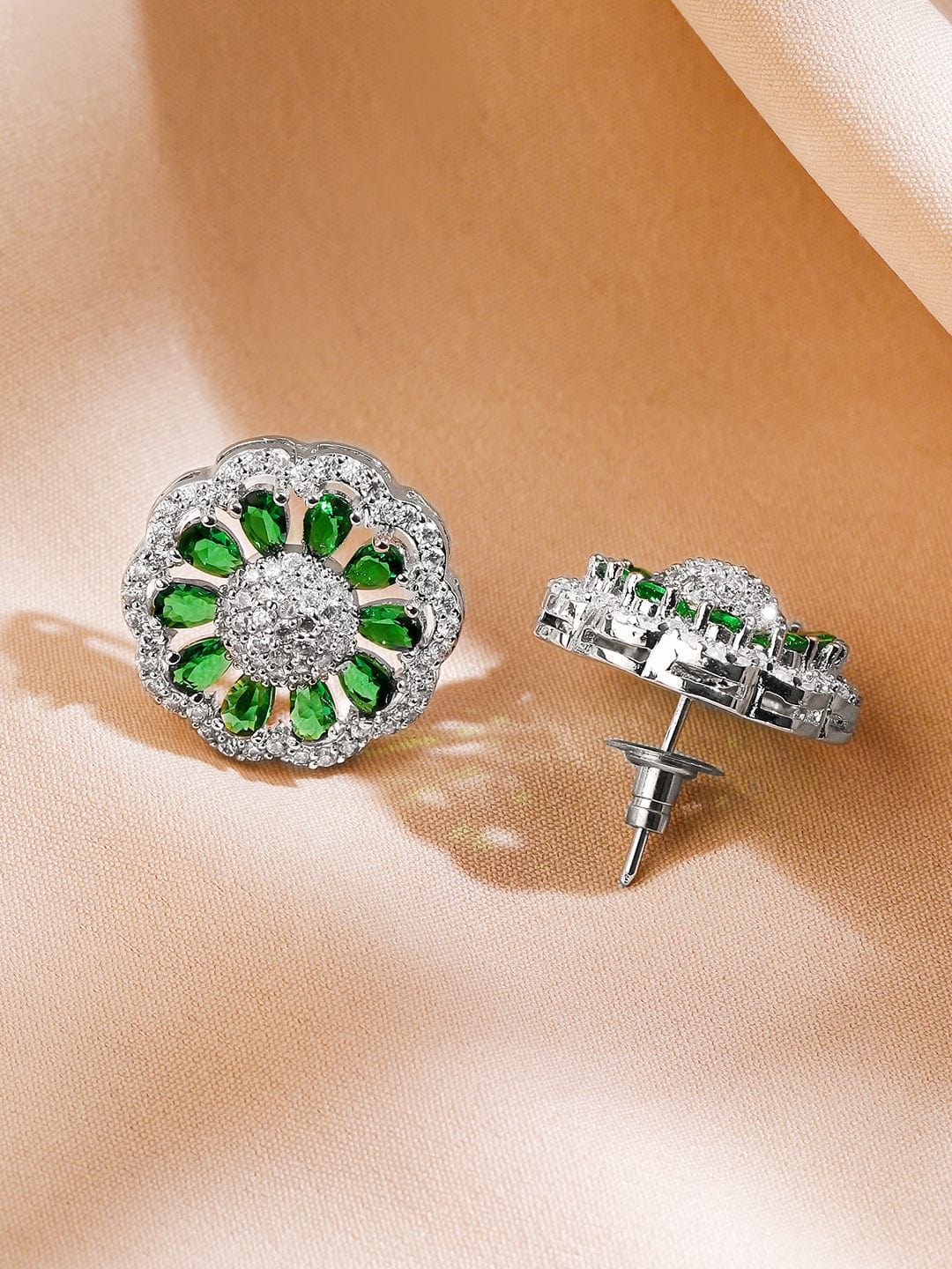 Rubans Rhodium-Plated Emerald Green & White Cubic Zirconia Studded Classic Premium Floral Pendant Necklace Set
