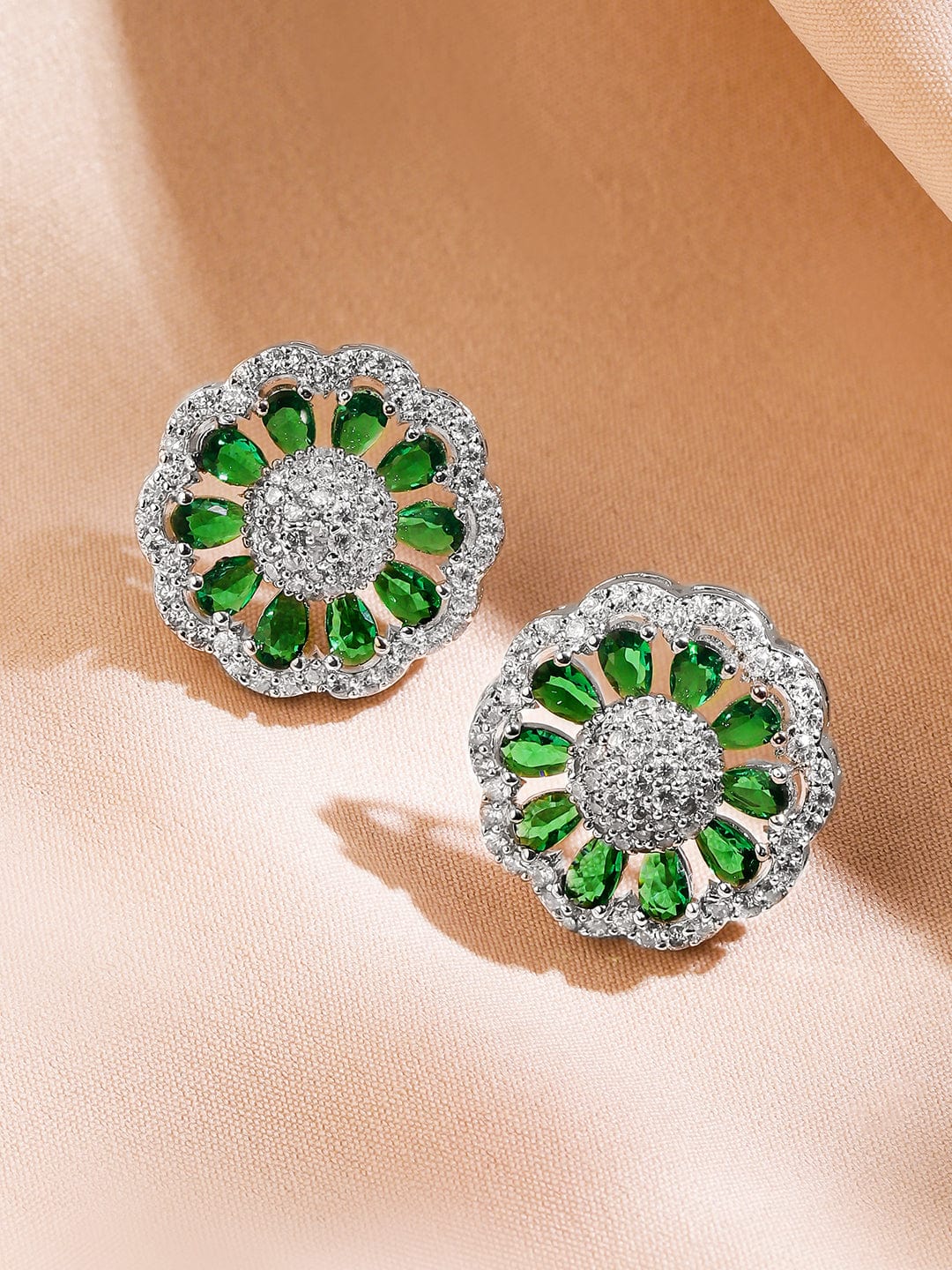 Rubans Rhodium-Plated Emerald Green & White Cubic Zirconia Studded Classic Premium Floral Pendant Necklace Set