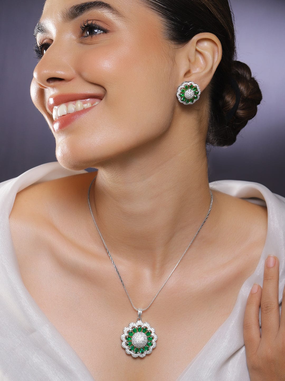 Rubans Rhodium-Plated Emerald Green & White Cubic Zirconia Studded Classic Premium Floral Pendant Necklace Set