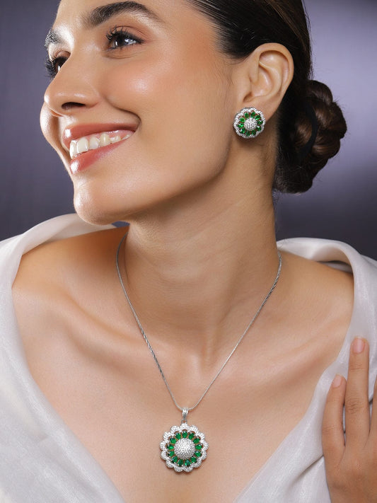 Rubans Rhodium-Plated Emerald Green & White Cubic Zirconia Studded Classic Premium Floral Pendant Necklace Set