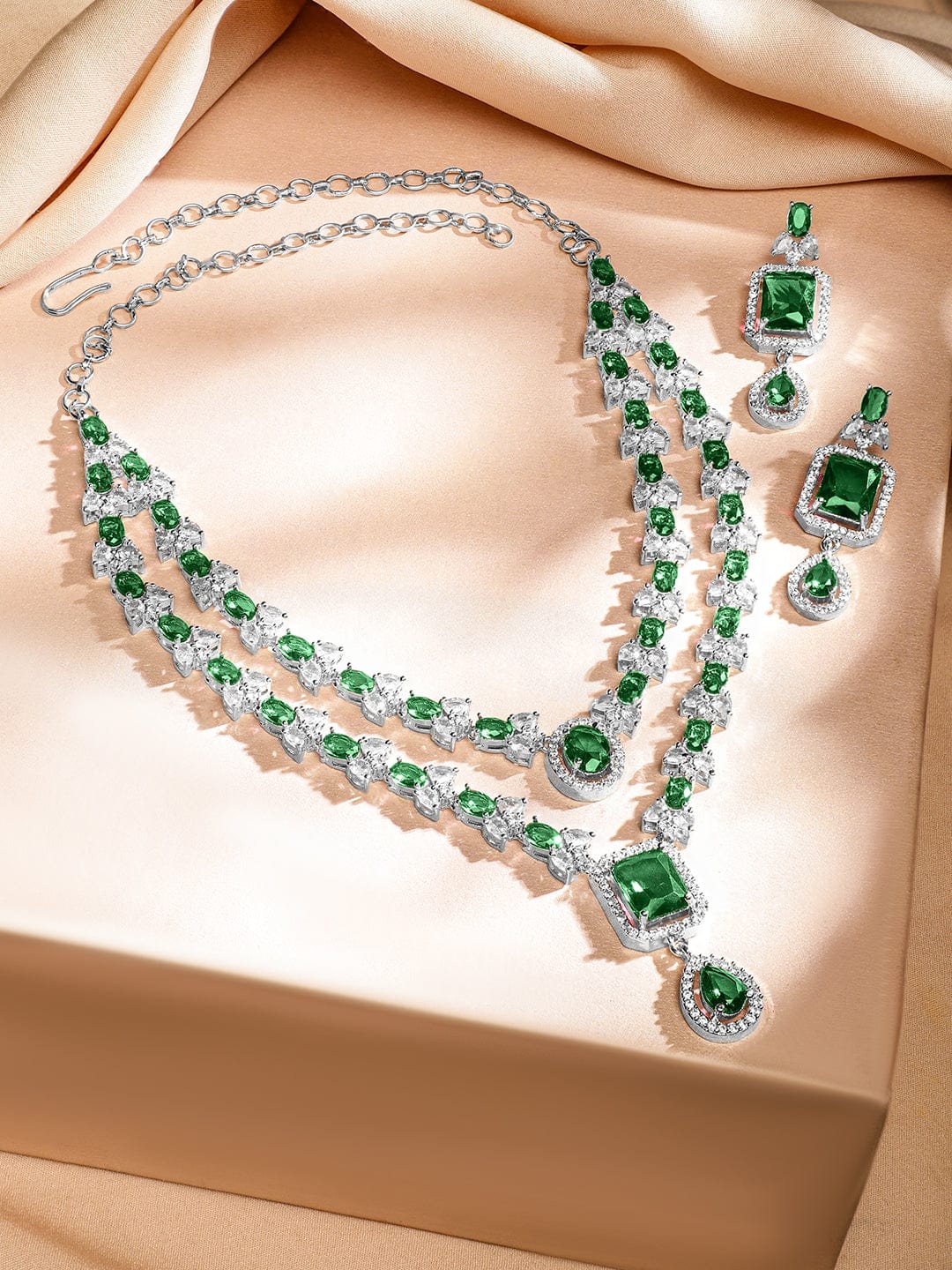 Rubans Rhodium-Plated Emerald Green & White Cubic Zirconia Studded Luxe Layer Necklace Set