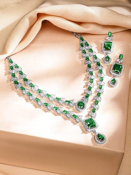 Rubans Rhodium-Plated Emerald Green & White Cubic Zirconia Studded Luxe Layer Necklace Set