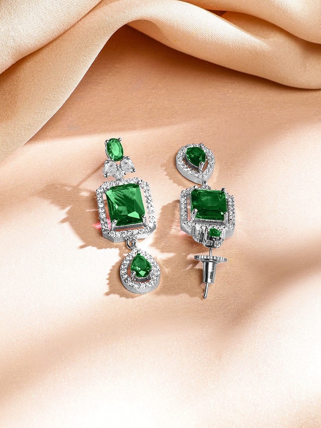 Rubans Rhodium-Plated Emerald Green & White Cubic Zirconia Studded Luxe Layer Necklace Set