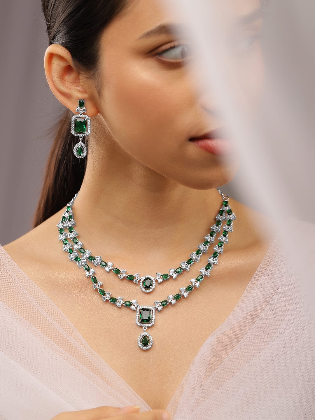 Rubans Rhodium-Plated Emerald Green & White Cubic Zirconia Studded Luxe Layer Necklace Set