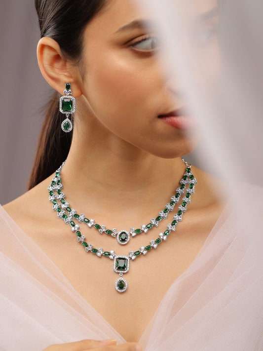 Rubans Rhodium-Plated Emerald Green & White Cubic Zirconia Studded Luxe Layer Necklace Set