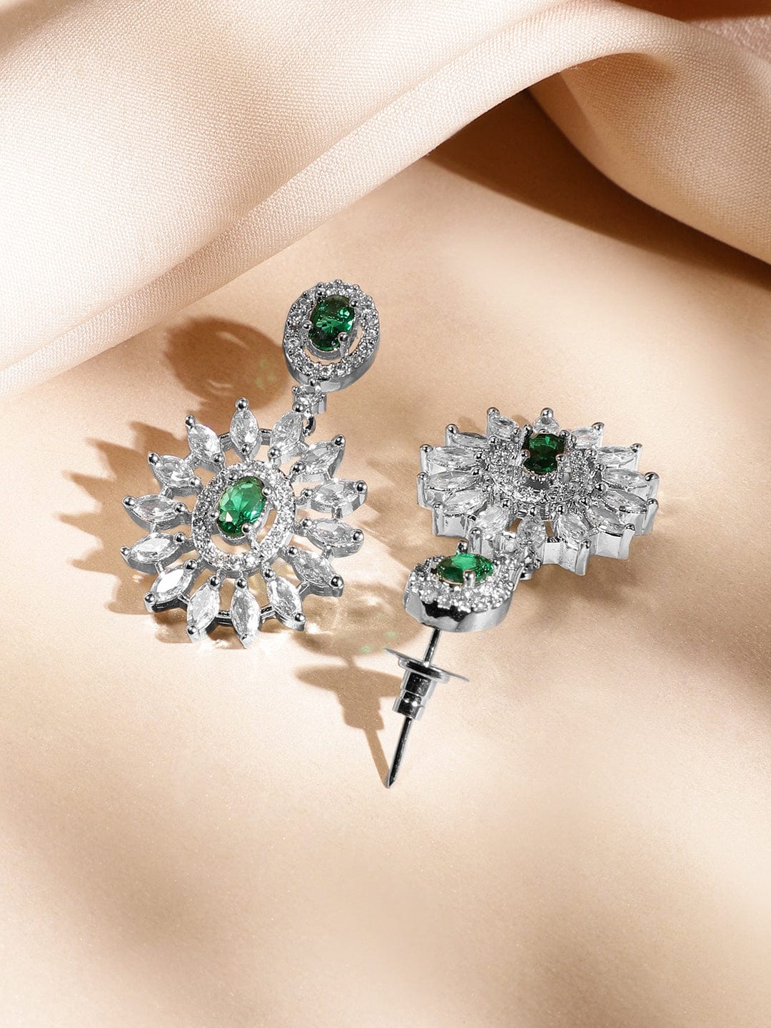 Rubans Rhodium-Plated Emerald Green & White Cubic Zirconia Studded Luxe Statement Necklace Set