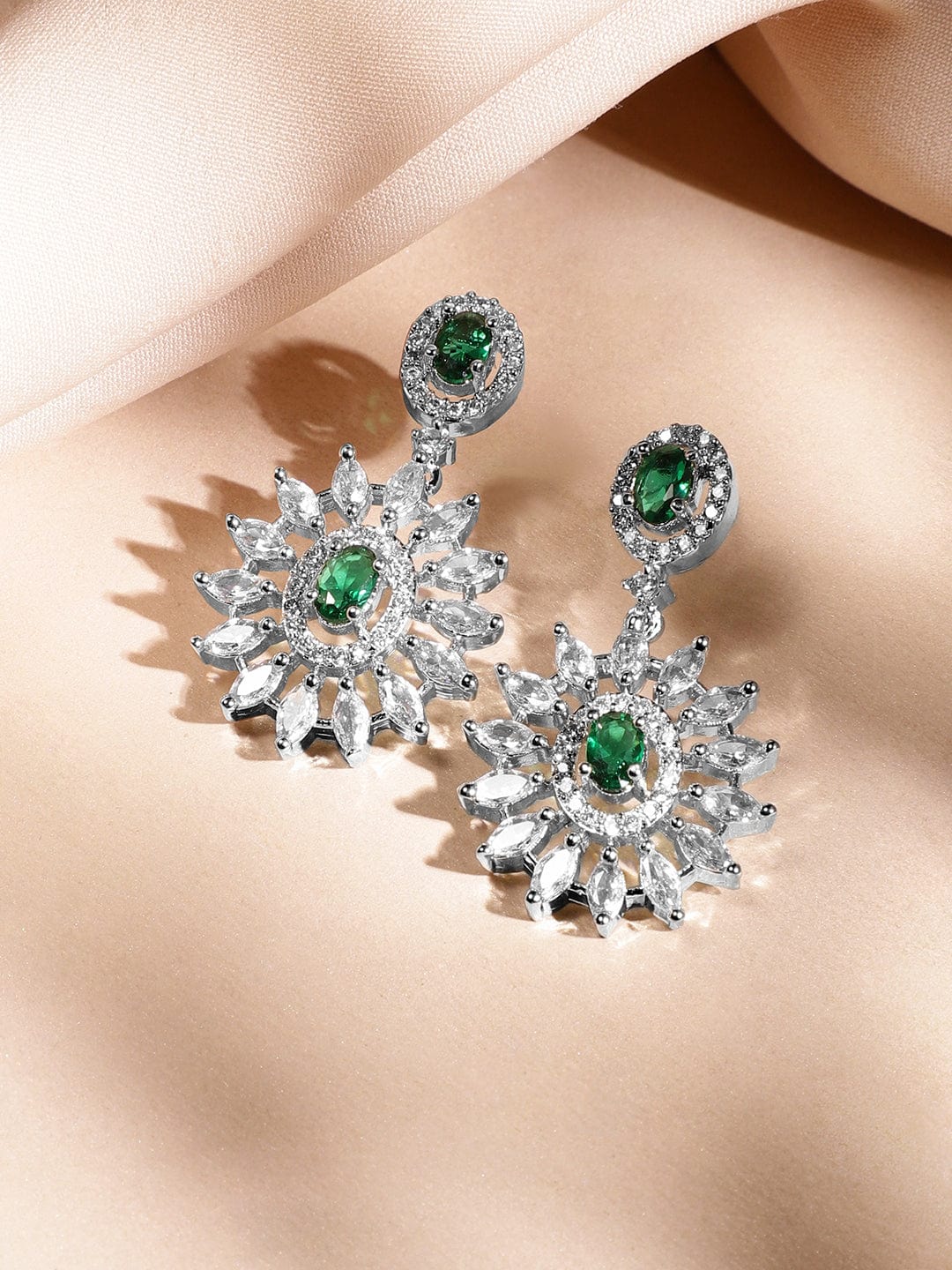 Rubans Rhodium-Plated Emerald Green & White Cubic Zirconia Studded Luxe Statement Necklace Set