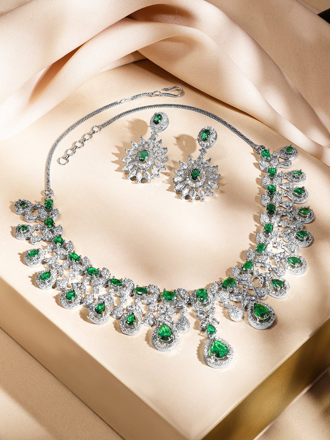 Rubans Rhodium-Plated Emerald Green & White Cubic Zirconia Studded Luxe Statement Necklace Set