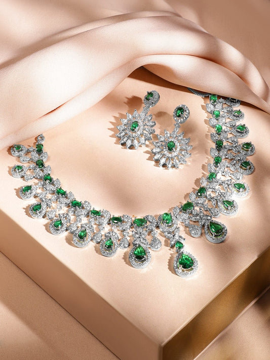 Rubans Rhodium-Plated Emerald Green & White Cubic Zirconia Studded Luxe Statement Necklace Set