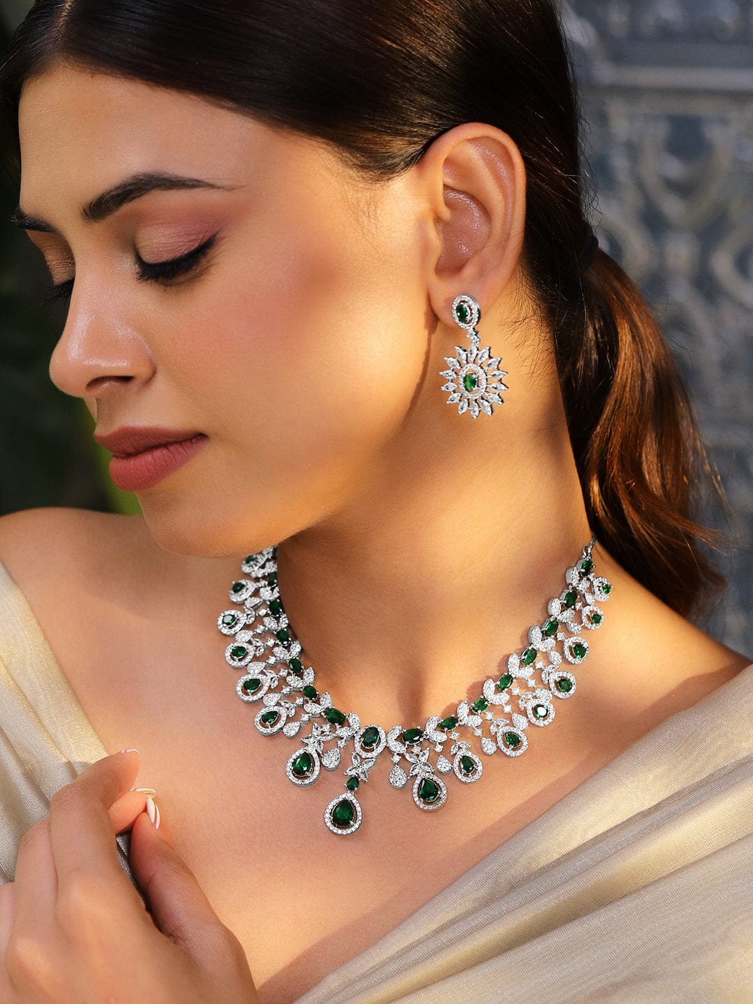 Rubans Rhodium-Plated Emerald Green & White Cubic Zirconia Studded Luxe Statement Necklace Set