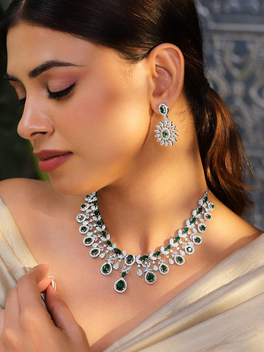 Rubans Rhodium-Plated Emerald Green & White Cubic Zirconia Studded Luxe Statement Necklace Set