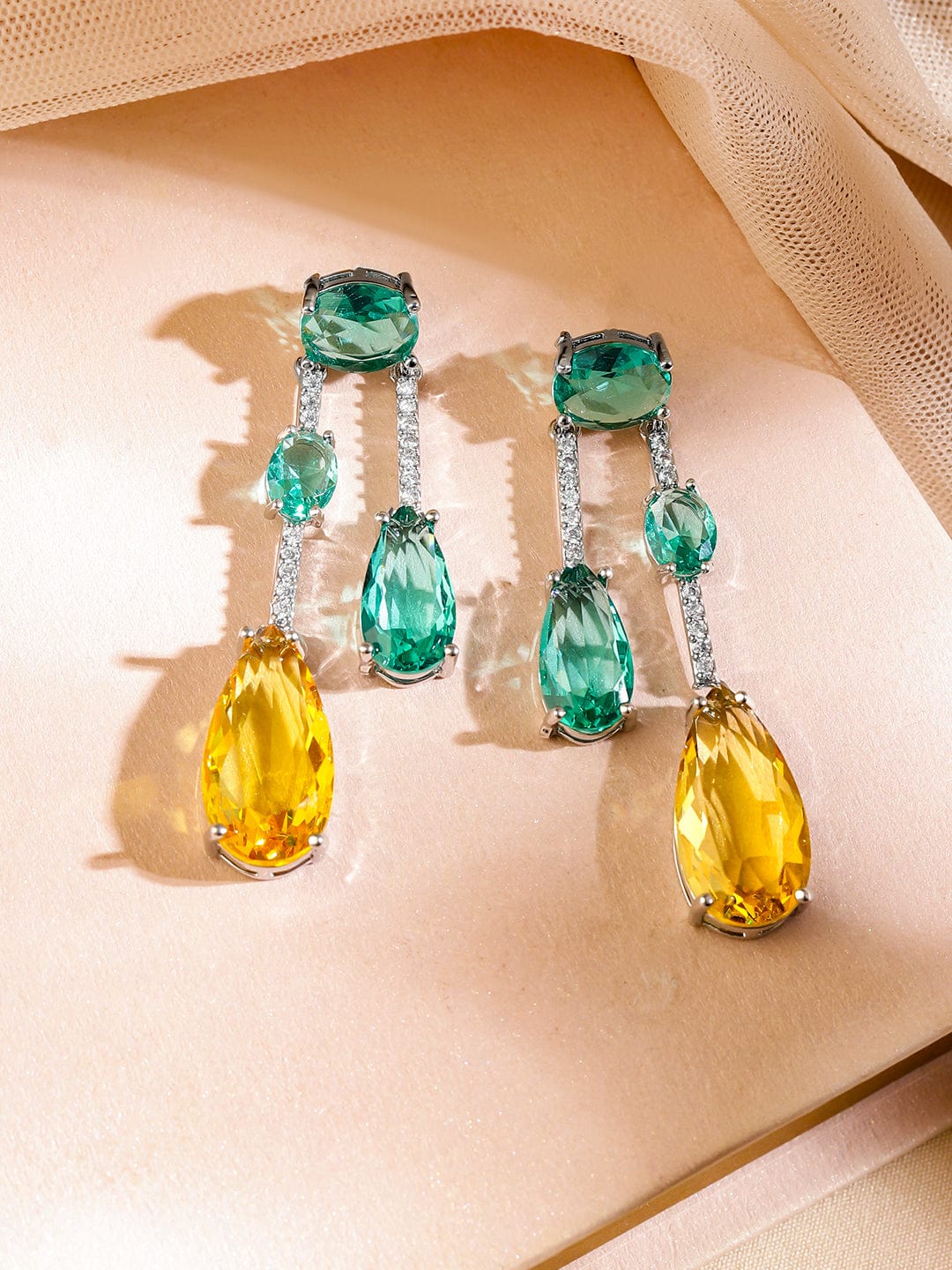 Rubans Rhodium-Plated Emerald Green & Yellow Crystal Cubic Zirconia Studded Luxurious Pendent Necklace Set