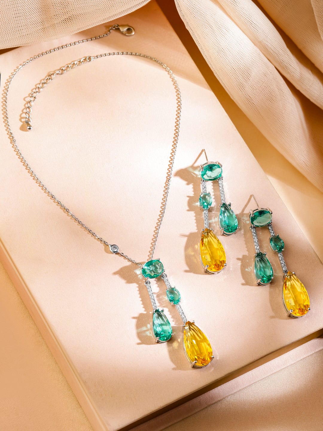 Rubans Rhodium-Plated Emerald Green & Yellow Crystal Cubic Zirconia Studded Luxurious Pendent Necklace Set