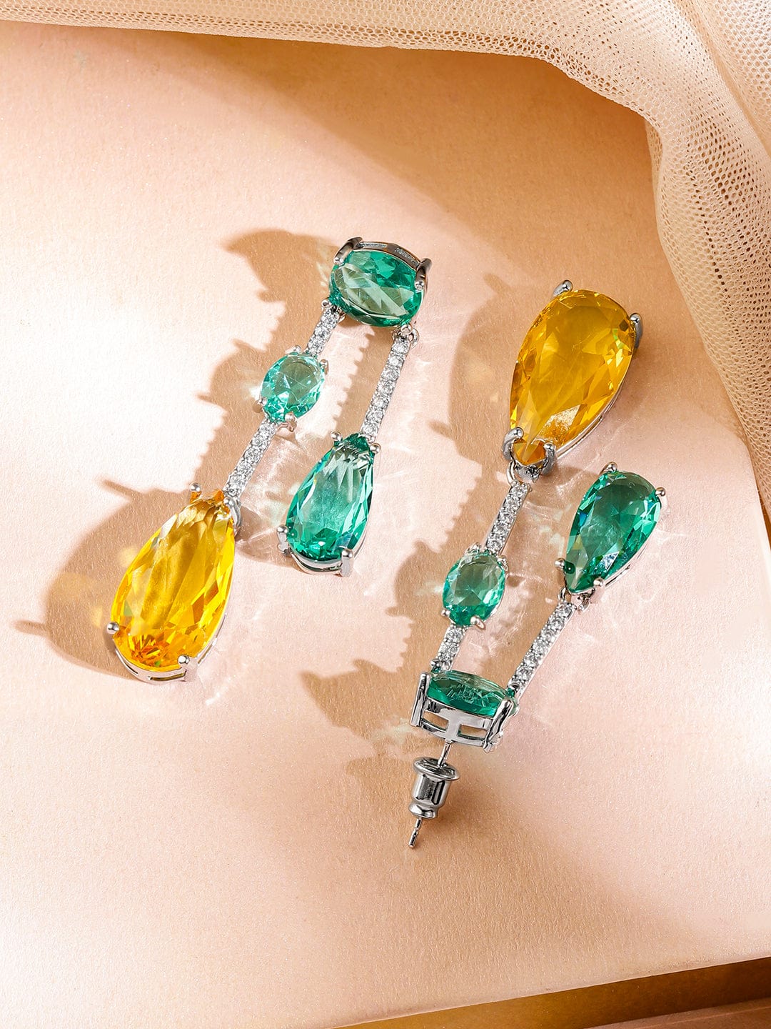 Rubans Rhodium-Plated Emerald Green & Yellow Crystal Cubic Zirconia Studded Luxurious Pendent Necklace Set