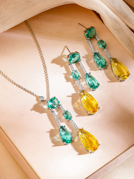 Rubans Rhodium-Plated Emerald Green & Yellow Crystal Cubic Zirconia Studded Luxurious Pendent Necklace Set