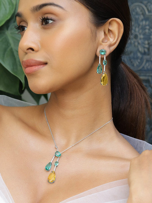 Rubans Rhodium-Plated Emerald Green & Yellow Crystal Cubic Zirconia Studded Luxurious Pendent Necklace Set