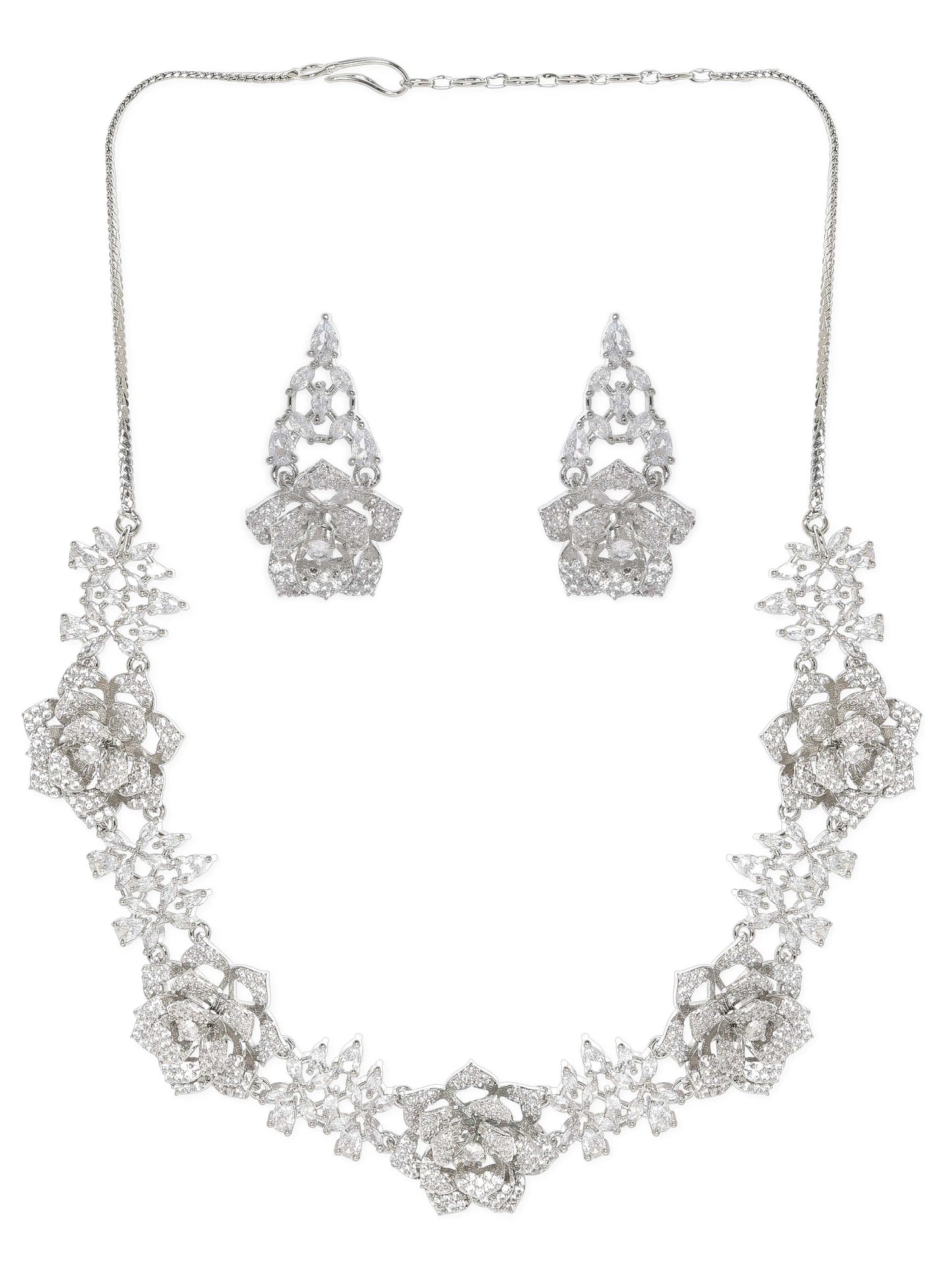 Rubans Rhodium plated Floral motif pave AD Studded Necklace set