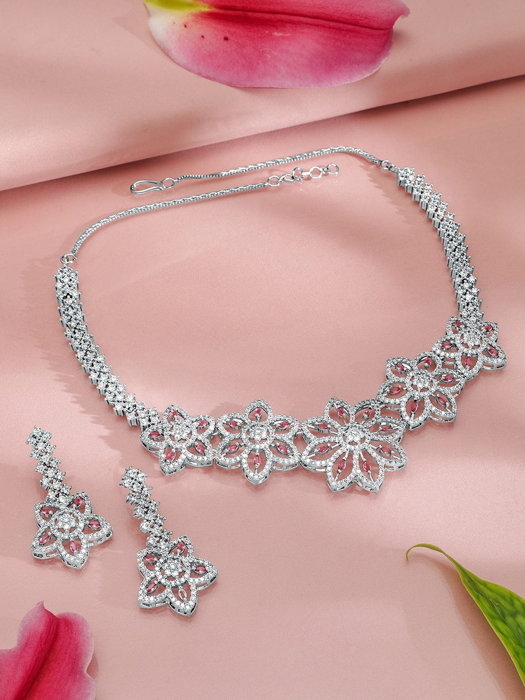 Rubans Rhodium-Plated Floral Shape Sapphire & CZ Studded Necklace & Earrings