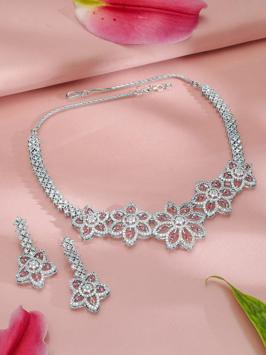 Rubans Rhodium-Plated Floral Shape Sapphire & CZ Studded Necklace & Earrings