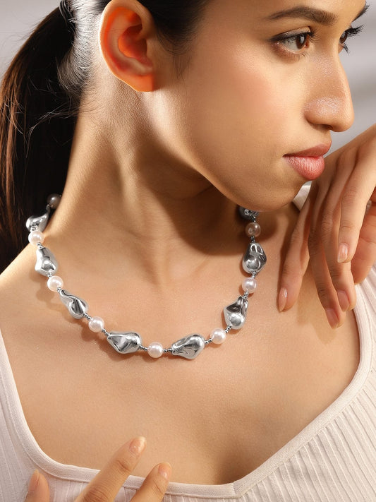 Rubans Rhodium Plated Handcrafted Sculptural Necklace with White Pearls & Silver Accents