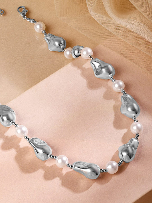 Rubans Rhodium Plated Handcrafted Sculptural Necklace with White Pearls & Silver Accents