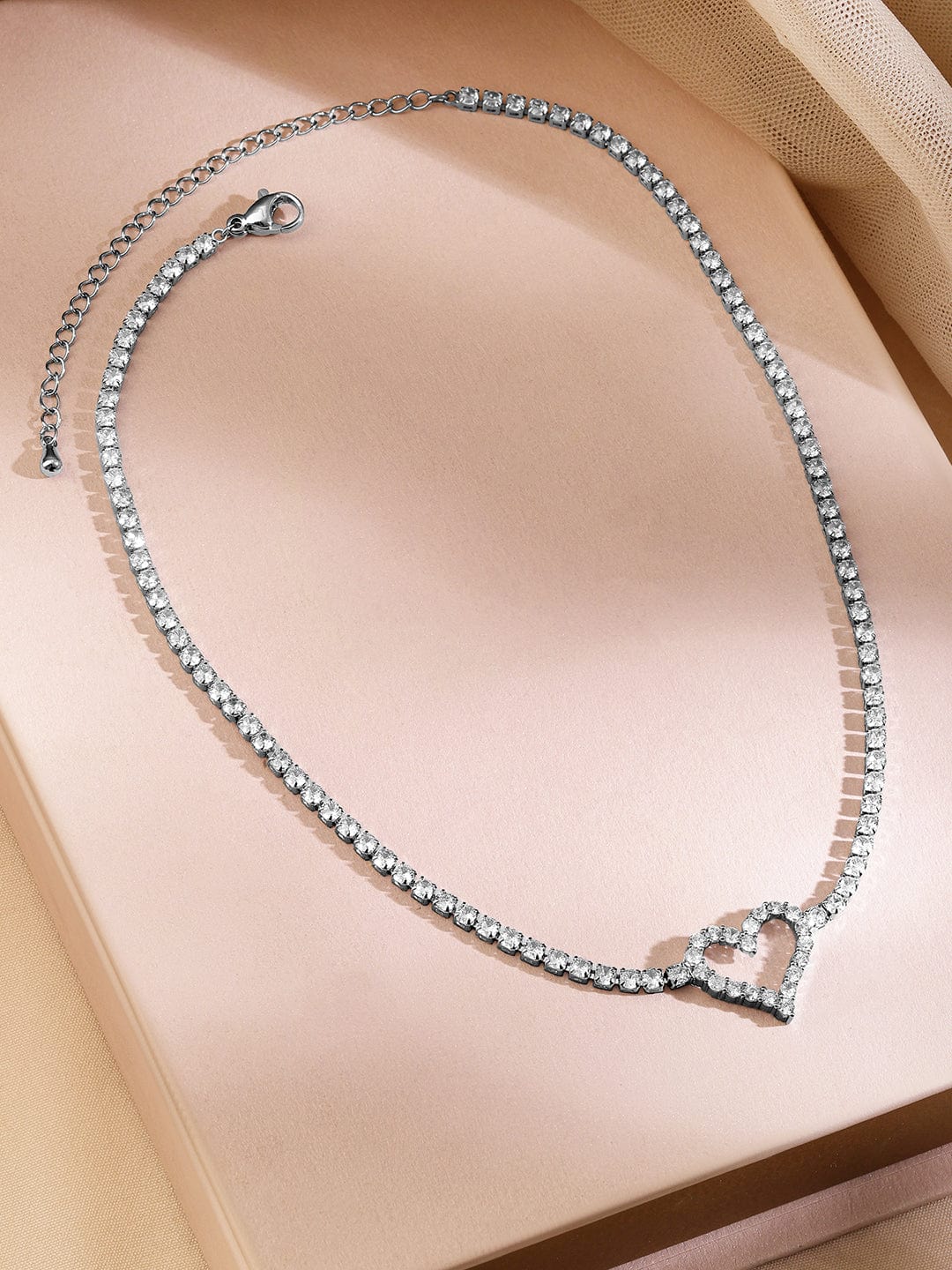 Rubans Rhodium-Plated Heart-Shaped Cubic Zirconia Studded Tennis Statement Necklace