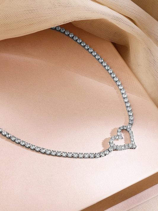 Rubans Rhodium-Plated Heart-Shaped Cubic Zirconia Studded Tennis Statement Necklace
