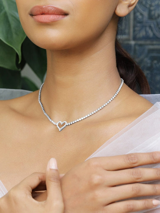 Rubans Rhodium-Plated Heart-Shaped Cubic Zirconia Studded Tennis Statement Necklace