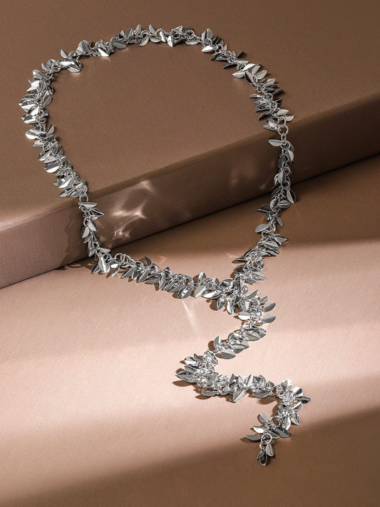 Rubans Rhodium Plated Leaf Motif Y Shaped Bold Statement Necklace