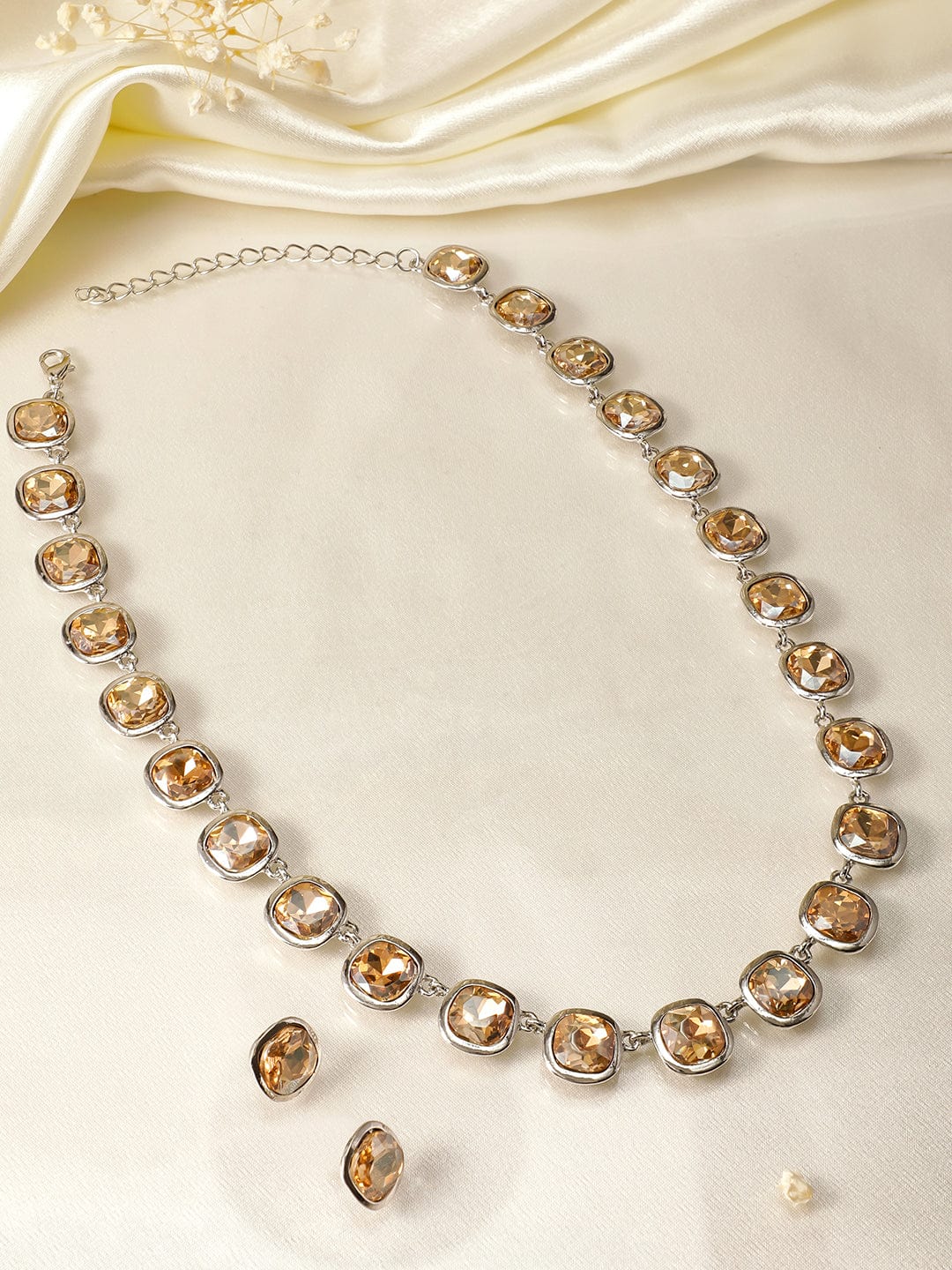 Rubans Rhodium Plated Light Gold Cubic Zirconia Gemstone Statement Necklace