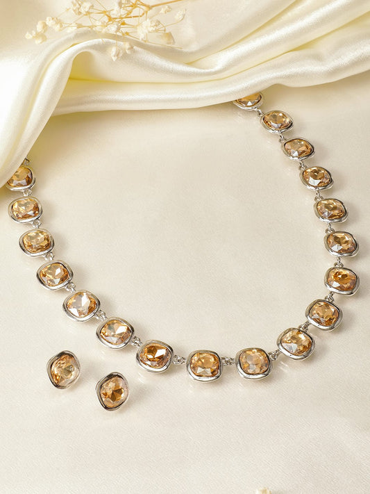 Rubans Rhodium Plated Light Gold Cubic Zirconia Gemstone Statement Necklace