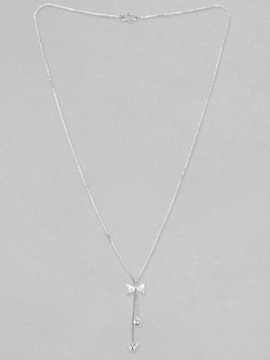 Rubans Rhodium Plated, Minimal Chain Bow Motif Zircons Studded Drop Necklace.