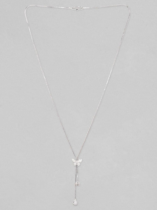 Rubans Rhodium Plated, Minimal Chain Butterfly Motif Zircons Studded Drop Necklace.