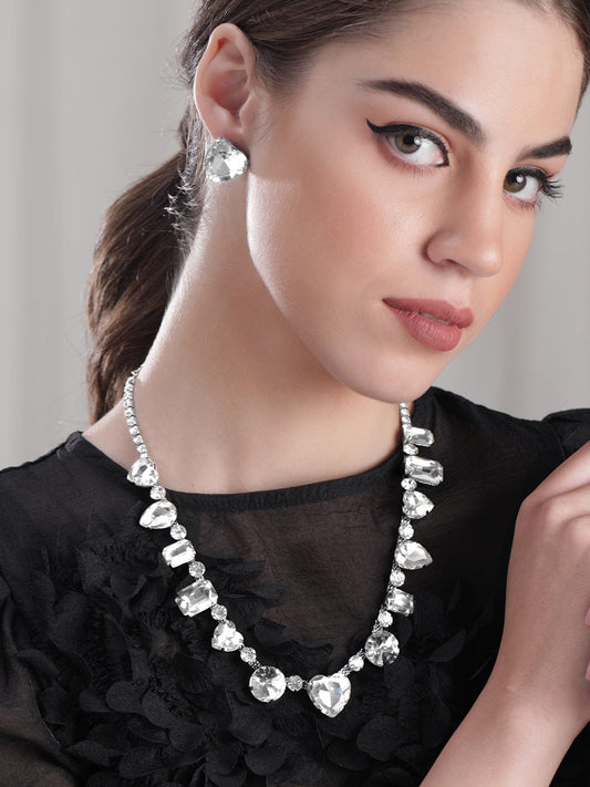 Rubans Rhodium Plated Multi Crystal Statement Necklace Set
