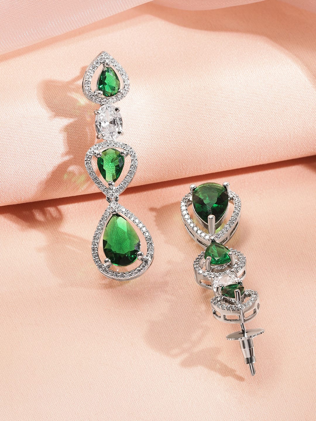 Rubans Rhodium-Plated Multi-Layer Emerald Green & Cubic Zirconia Studded Statement Necklace Set