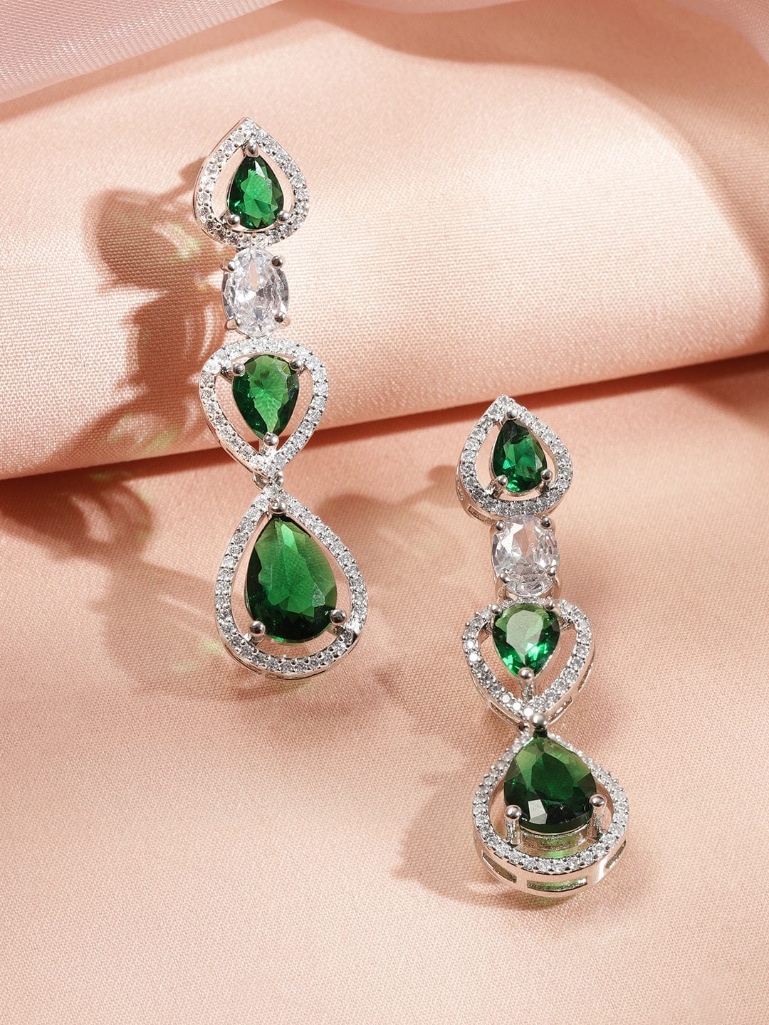 Rubans Rhodium-Plated Multi-Layer Emerald Green & Cubic Zirconia Studded Statement Necklace Set
