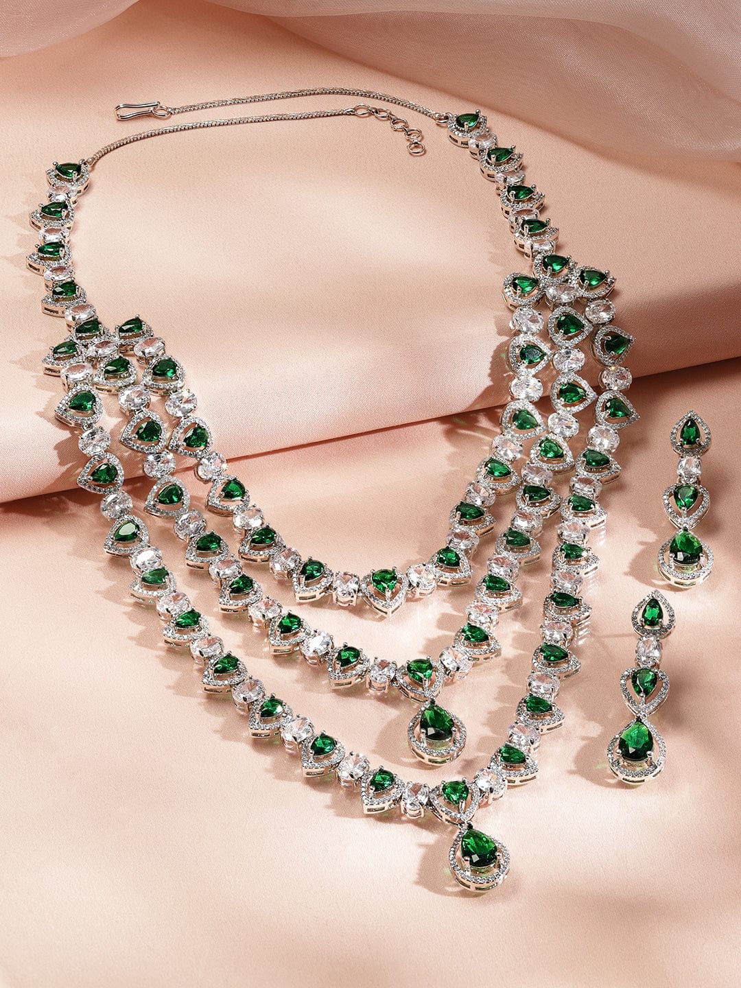 Rubans Rhodium-Plated Multi-Layer Emerald Green & Cubic Zirconia Studded Statement Necklace Set