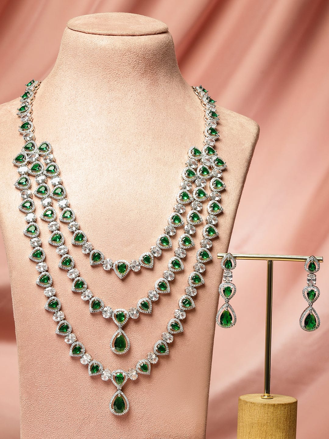 Rubans Rhodium-Plated Multi-Layer Emerald Green & Cubic Zirconia Studded Statement Necklace Set