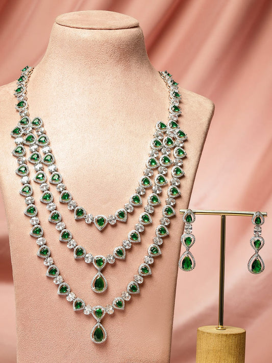 Rubans Rhodium-Plated Multi-Layer Emerald Green & Cubic Zirconia Studded Statement Necklace Set