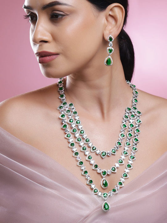 Rubans Rhodium-Plated Multi-Layer Emerald Green & Cubic Zirconia Studded Statement Necklace Set