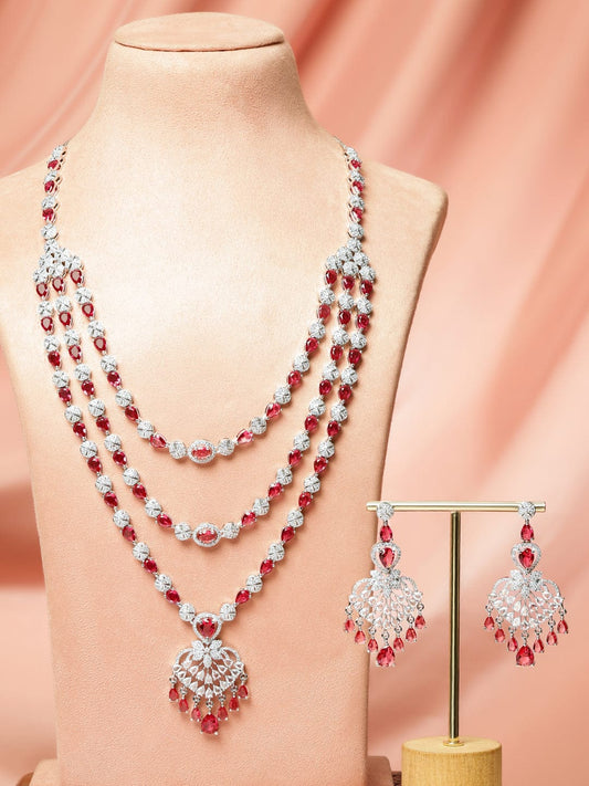 Rubans Rhodium-Plated Multi-Layer Ruby Red & Cubic Zirconia Chandelier Luxe Statement Necklace Set