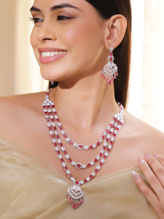 Rubans Rhodium-Plated Multi-Layer Ruby Red & Cubic Zirconia Chandelier Luxe Statement Necklace Set
