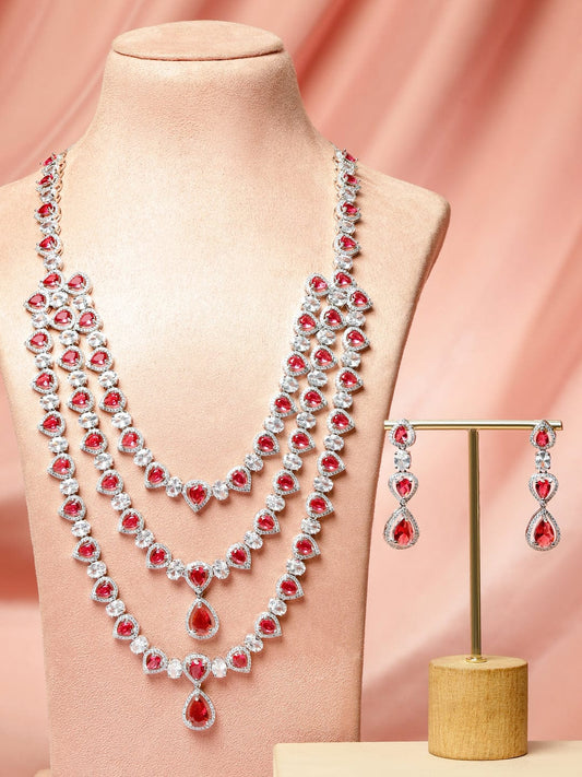 Rubans Rhodium-Plated Multi-Layer Ruby Red & Cubic Zirconia Studded Luxe Statement Necklace Set