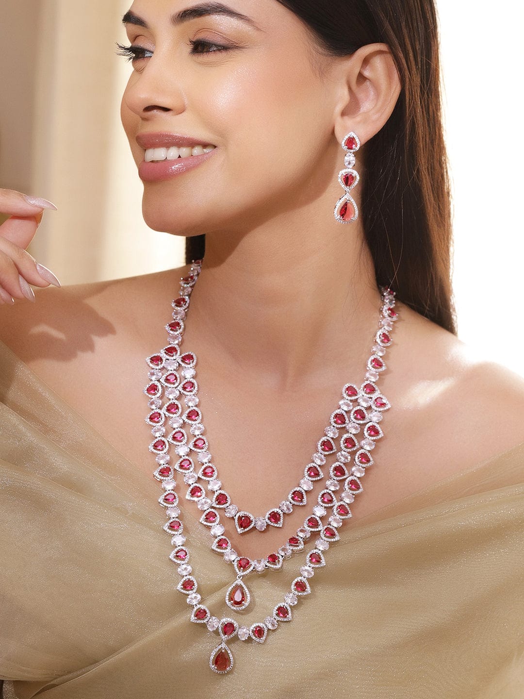 Rubans Rhodium-Plated Multi-Layer Ruby Red & Cubic Zirconia Studded Luxe Statement Necklace Set