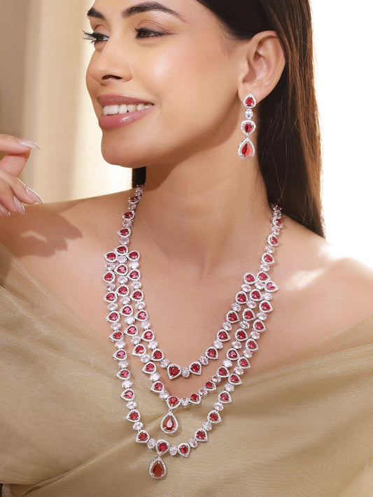 Rubans Rhodium-Plated Multi-Layer Ruby Red & Cubic Zirconia Studded Luxe Statement Necklace Set