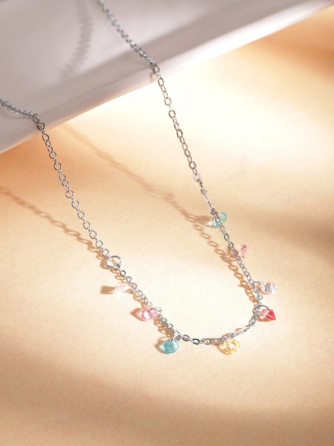 Rubans Rhodium-Plated Multicolor Crystal Charms Link Multi-Layered Necklace & Chains