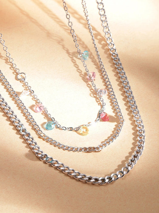 Rubans Rhodium-Plated Multicolor Crystal Charms Link Multi-Layered Necklace & Chains