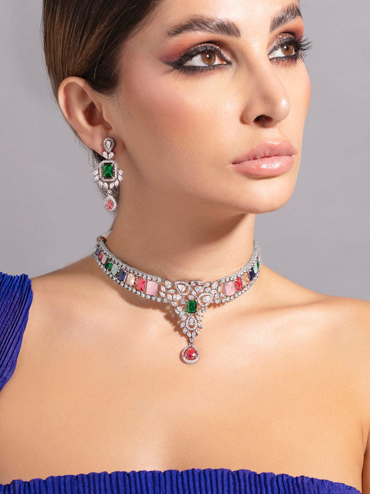 Rubans Rhodium-Plated Multicolor Gemstone & Cubic Zirconia Studded Choker Necklace Set
