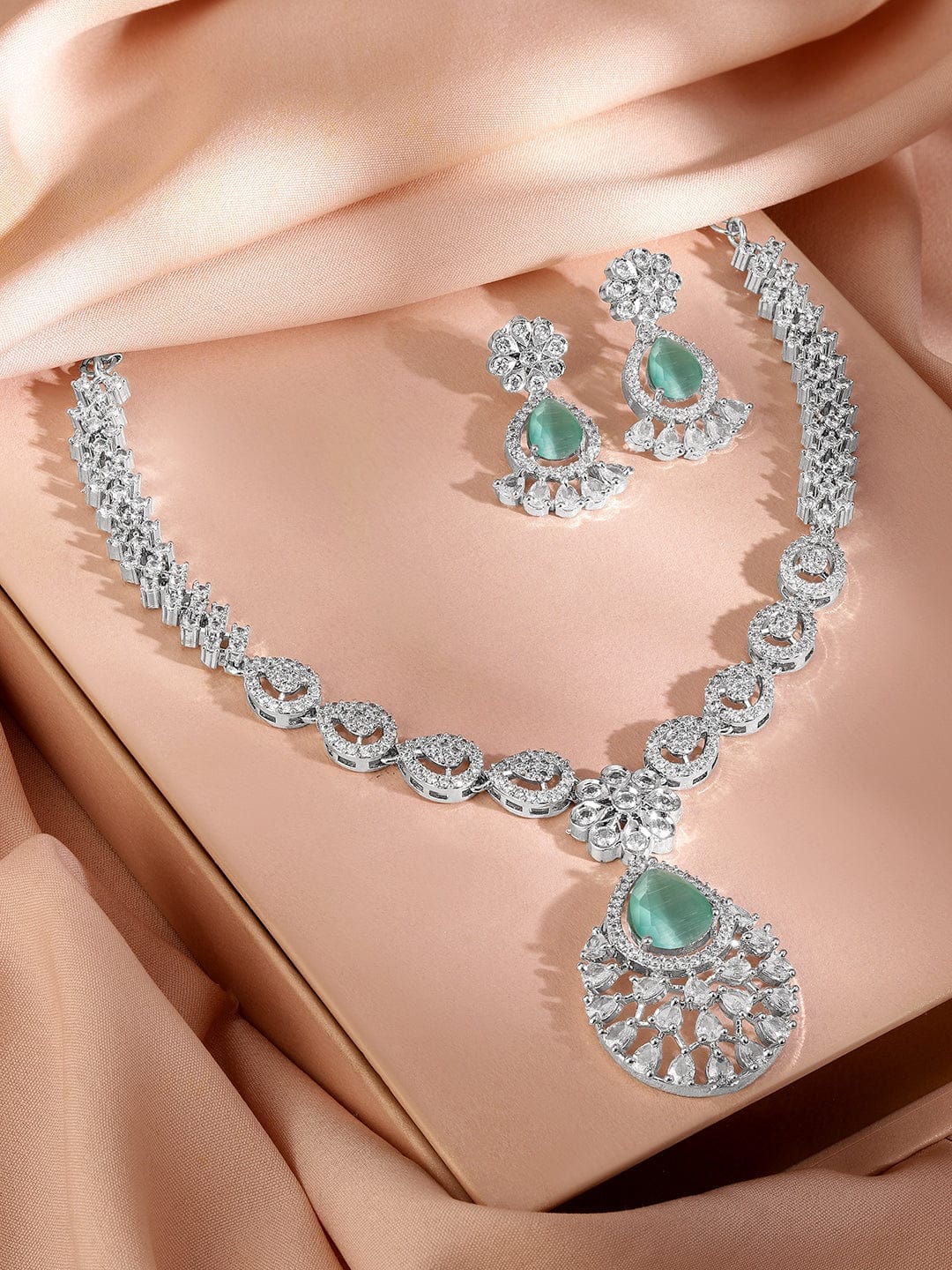 Rubans Rhodium-Plated Pastel Green AD & Cubic Zirconia Studded Necklace Set