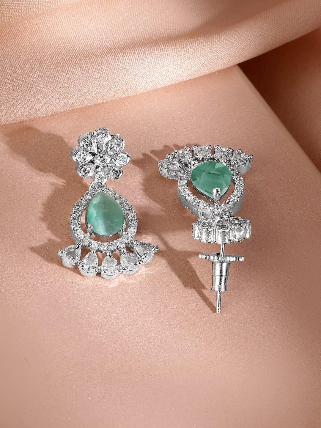 Rubans Rhodium-Plated Pastel Green AD & Cubic Zirconia Studded Necklace Set